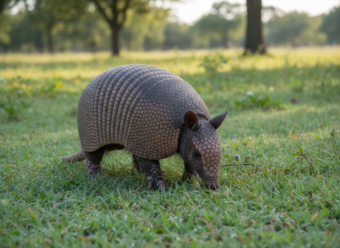 Close-up of an armadillo on a grassy lawn, natural outdoor setting, soft natural lighting, wildlife photography style